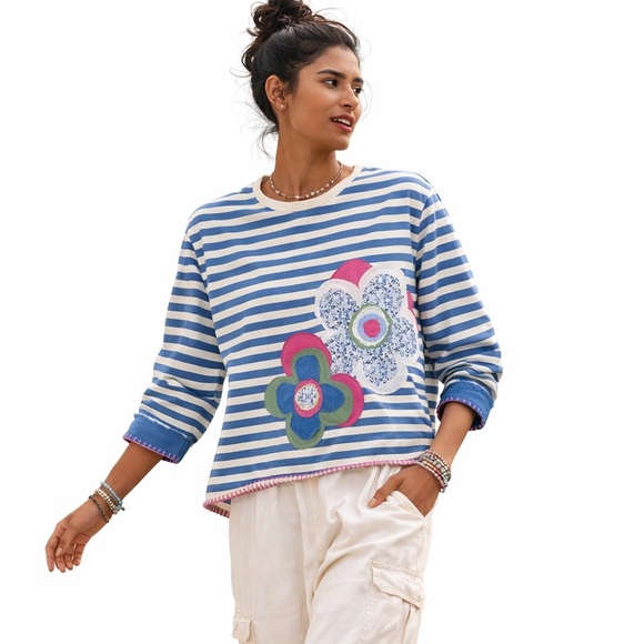 FBC Studio Tops - Boho Striped Floral Patch Top Oversized Ice Blue White Raw Edge Hand Stitch M/L